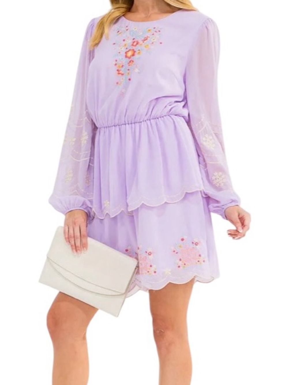 D123 - Emily Wonder Embroidered Lined Scallop Trim Long Sleeve MIDI Dress